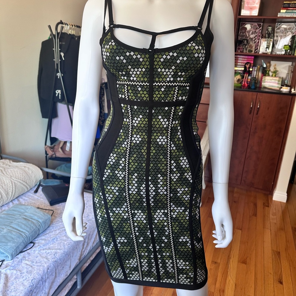 Herve Leger Black and Green Bandage Dress (Tailored)